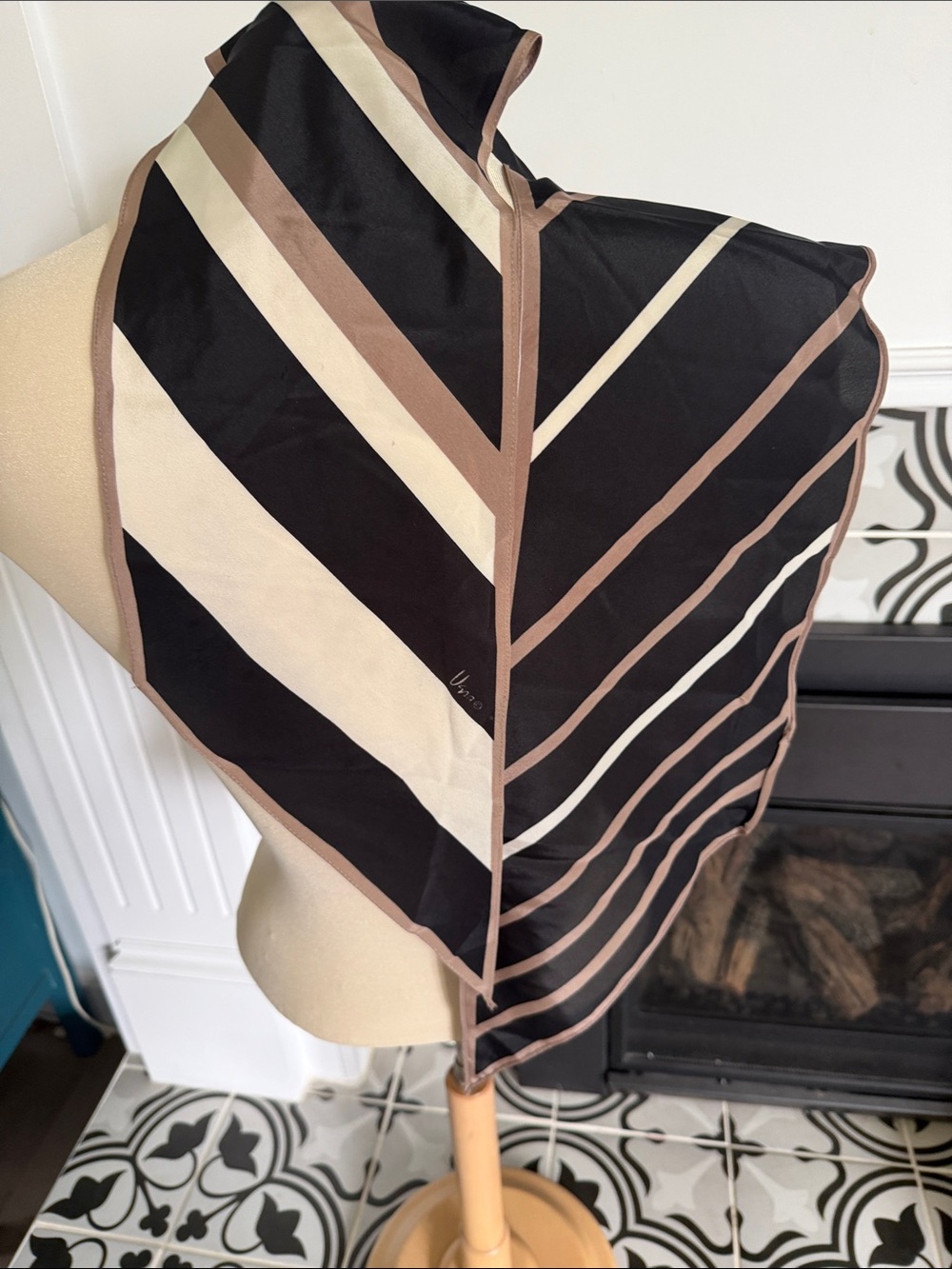 Vera Striped Black, Cream & Taupe Silk Scarf